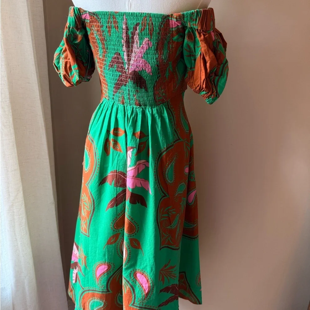 Anthropologie Green and Orange Puff Sleeve Sundress - Picture 3 of 5